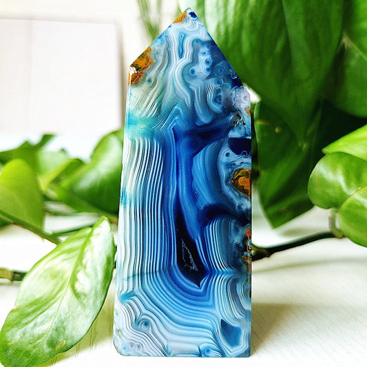 Natural Blue Silk Lace Grain Agate Pointed Tower Crystal - Ashae's Essentials